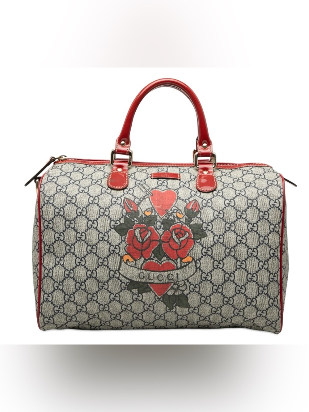 Gucci Medium GG Supreme Joy Tattoo Heart Boston Bag Gray Red Gold Hardware